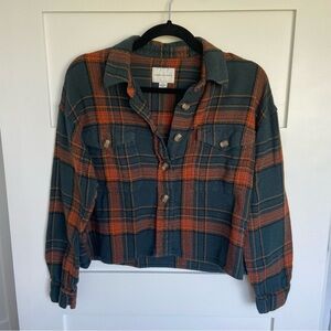 American Eagle Orange and Green Cropped Plaid Shirt